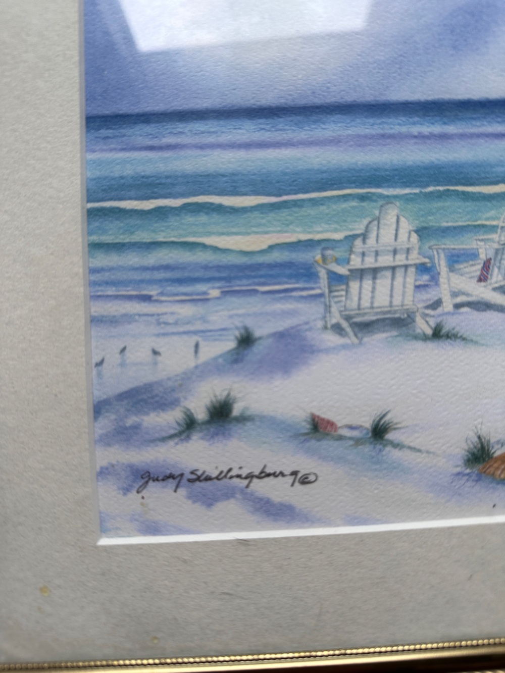 Set of 2 Framed Original Coastal Watercolor Paintings- Pink & Blue Beach Scenes - Picture 5 of 6